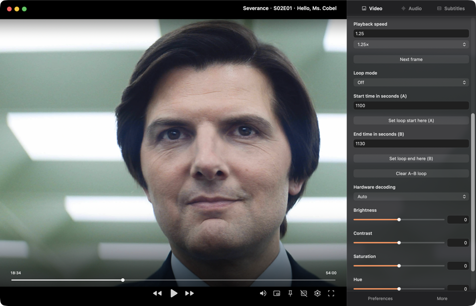 Inscura Player showing the same scene from Severance with video settings for playback speed, A–B loop start and end points, and hardware decoding.