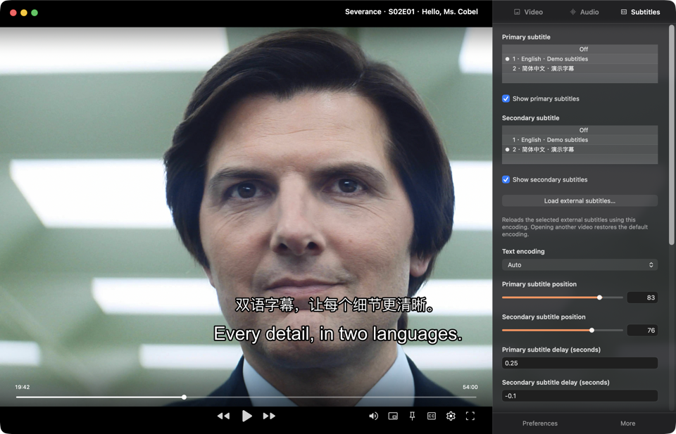 Inscura Player showing a scene from Severance with Chinese and English subtitles and a subtitle settings panel on the right for primary and secondary tracks, position, and delay.