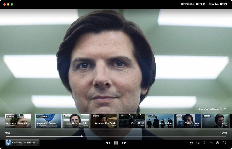 Inscura Player in TV mode with series artwork, multiple seasons of the same show grouped in a playlist, one season expanded to show episodes, and the full playback interface visible on hover.