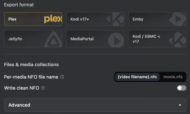 Plex, Kodi, Emby, Jellyfin 등의 프리셋과 파일 이름, 내보내기 옵션이 표시된 NFO 내보내기 설정 화면 일부.